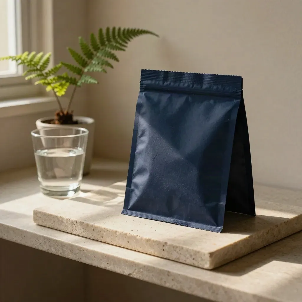 Closed investor note packet on a stone shelf with a glass tumbler and small fern, side-lit.