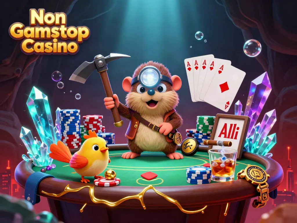 Experience thrilling gaming at a Non Gamstop Casino with a treasure hunter mole and neon poker scene.