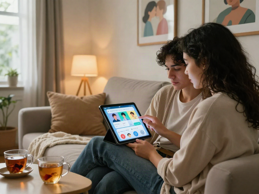 Engaging couple exploring an AI sex relationship app, showcasing emotional connection and modern technology.