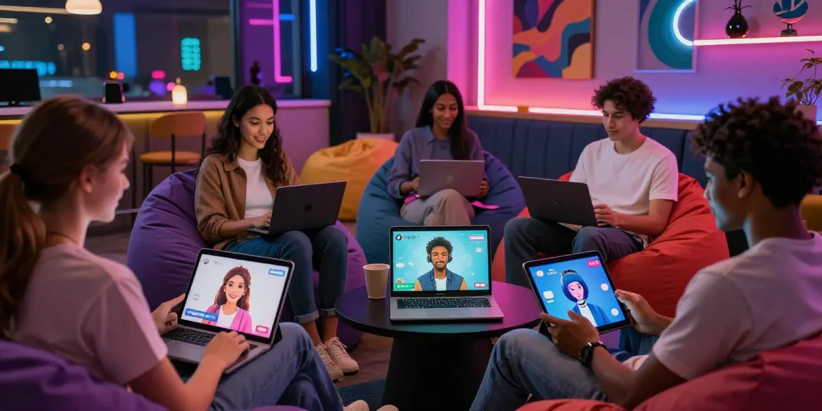 Engaging NSFW chat scene showcasing users interacting with AI chatbots in a vibrant virtual lounge setting.