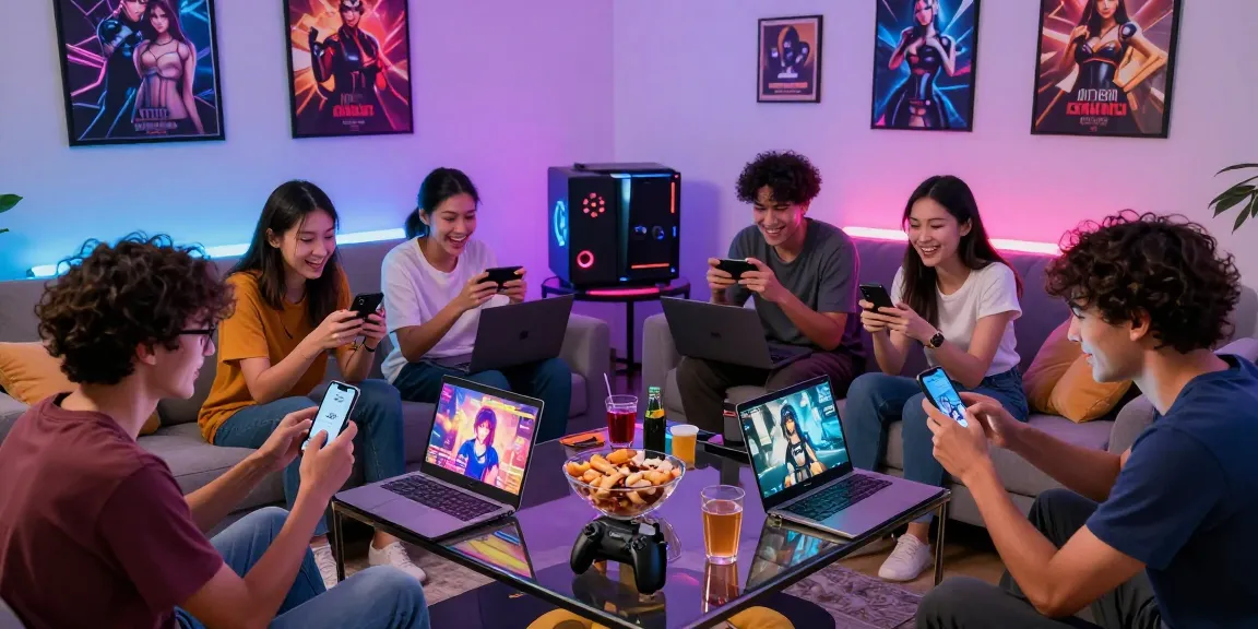 Group of friends enjoying transformation hentai games in a vibrant living room with colorful LED lights
