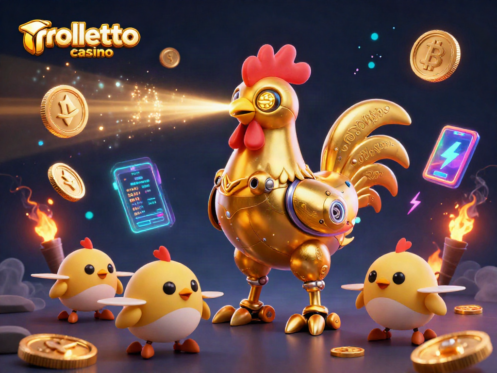 Experience the thrill of rolletto casino with a stunning illustration featuring a golden rooster robot in a vibrant gaming scene.