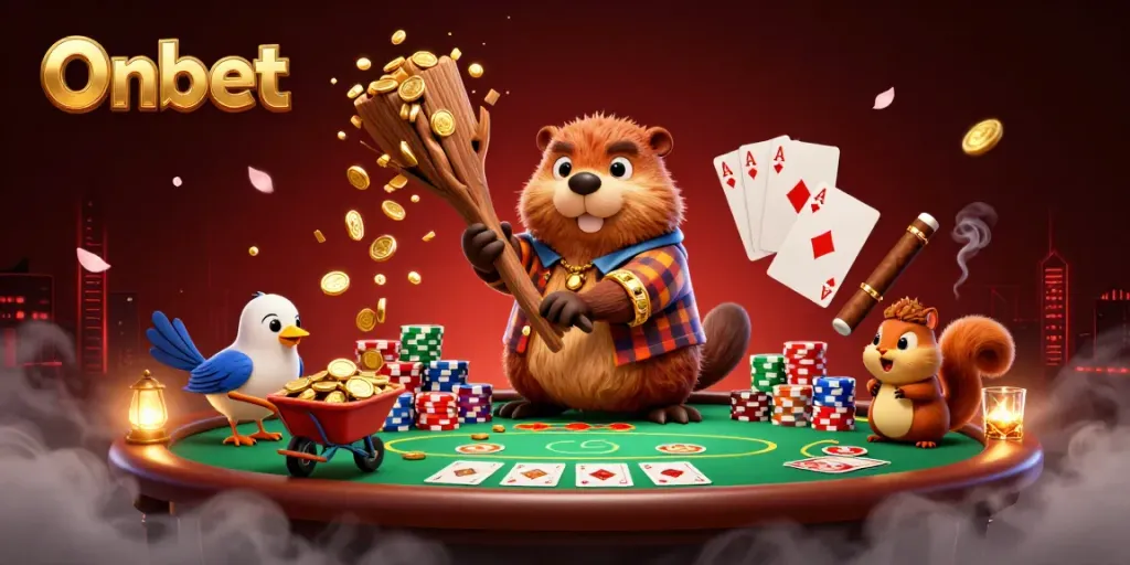 Onbet's 3D cartoon scene with a beaver and friends enjoying a poker game amidst a coin rain.