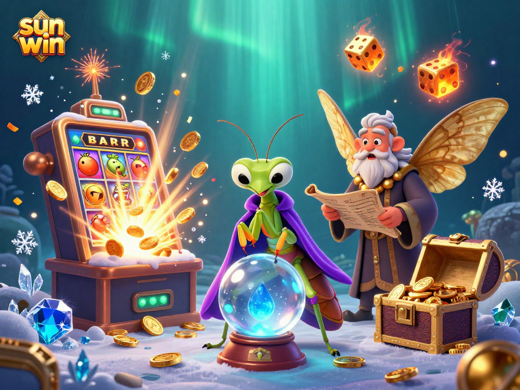 Win big with sun win in this vibrant 3D casino scene showcasing a fortune teller and playful jackpots.
