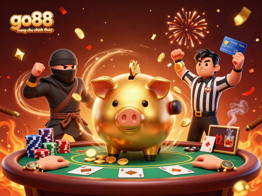 Engage with go88 trang chu chinh thuc in an explosive casino showdown featuring a golden piggy bank sumo wrestler.