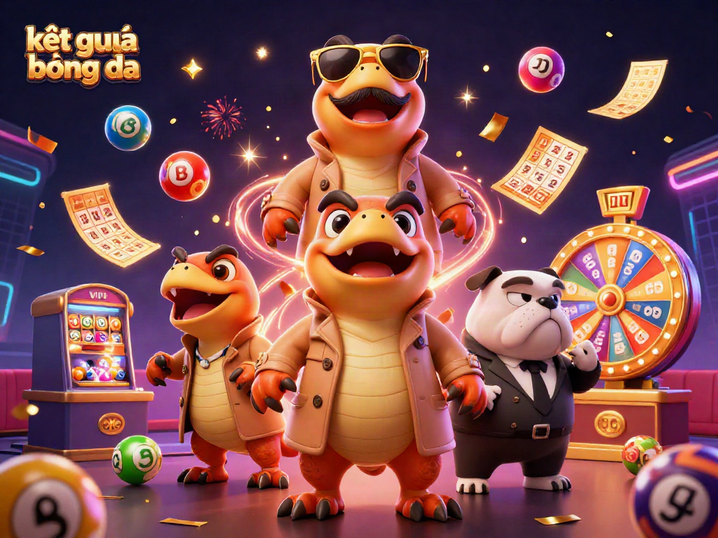 Engage with kết quả bóng đá through dynamic lottery elements and a playful casino scene featuring raptors and a bouncer.