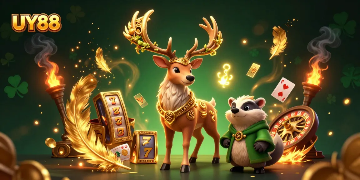 Engage with thrilling UY88 gameplay featuring a druid stag and badger amidst casino elements.