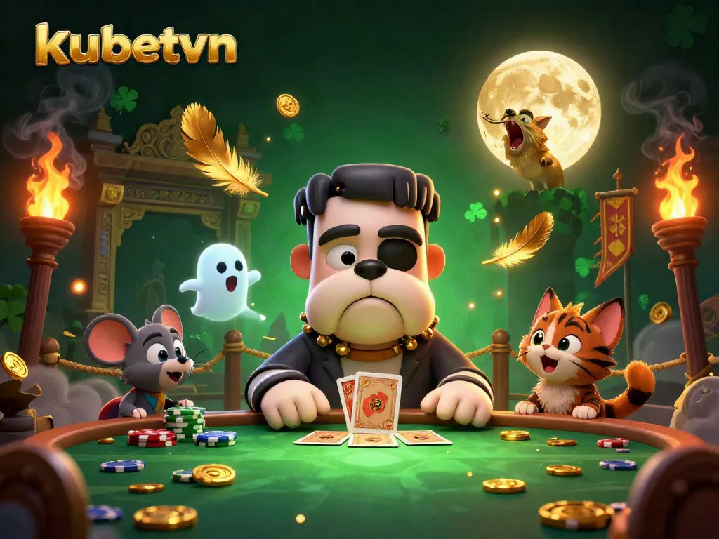 Engage with kubetvn at a spooky casino scene featuring a bulldog dealer and playful ghost mouse.