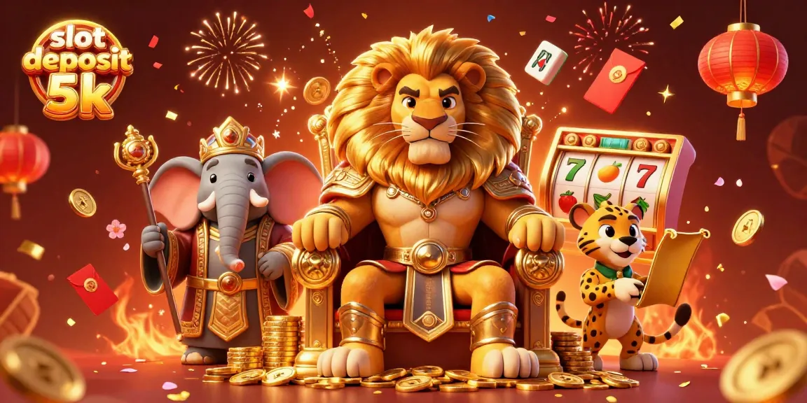 Experience the thrill of winning with slot deposit 5k in a lively casino scene featuring a majestic lion king.