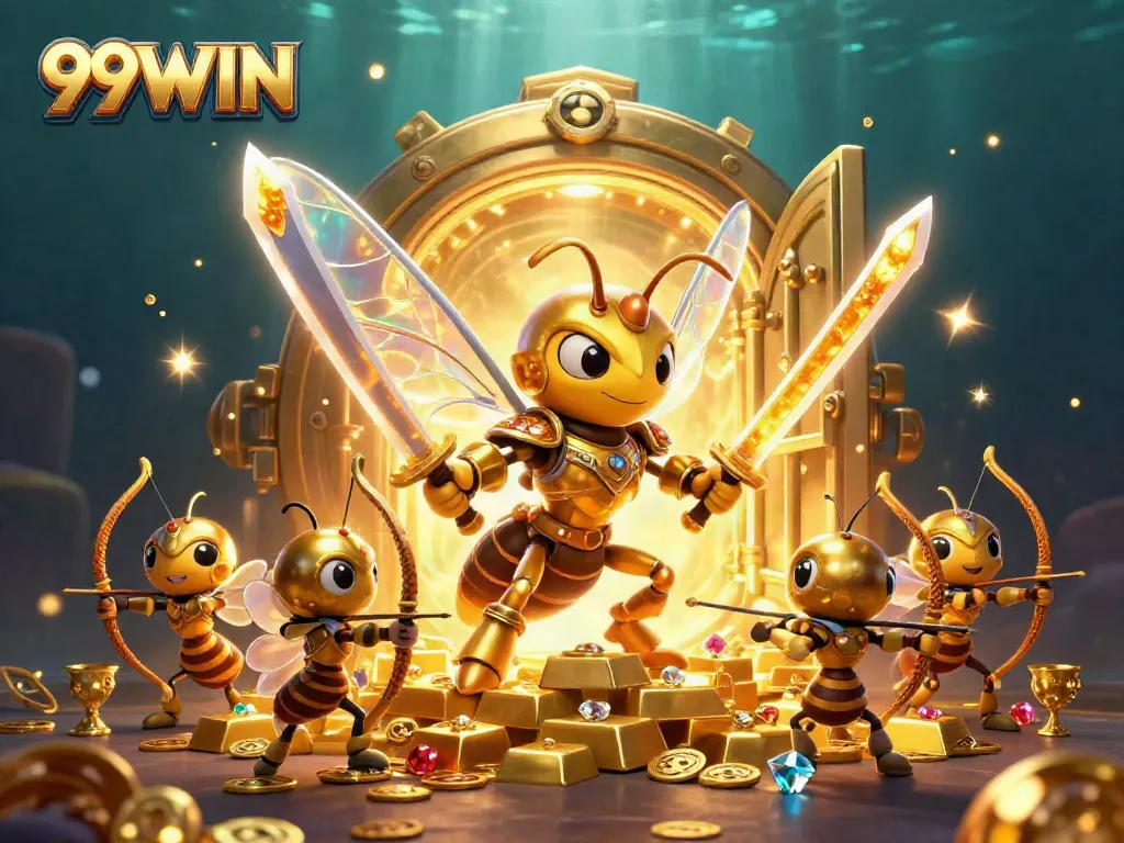 Enjoy thrilling gaming action at 99WIN, featuring vibrant characters amidst treasure-filled excitement.