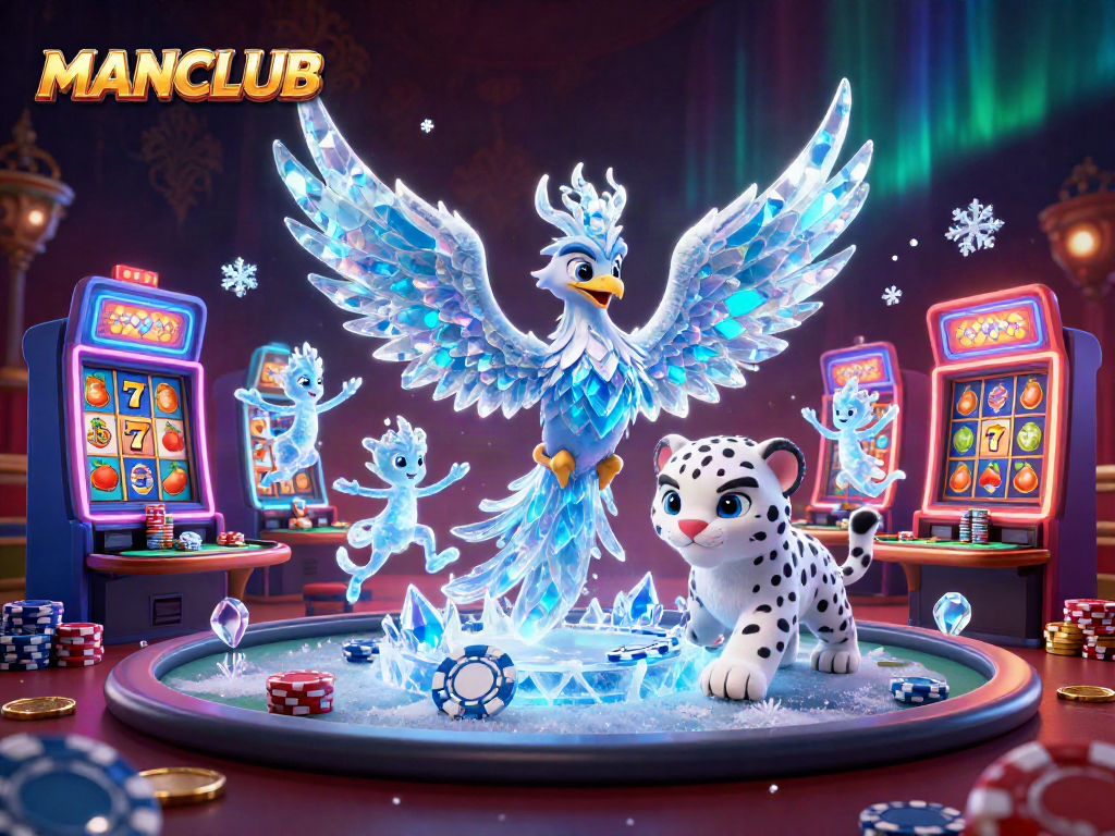 Spin the reels at MANCLUB while an ice phoenix brings luck and joy in this festive casino scene.
