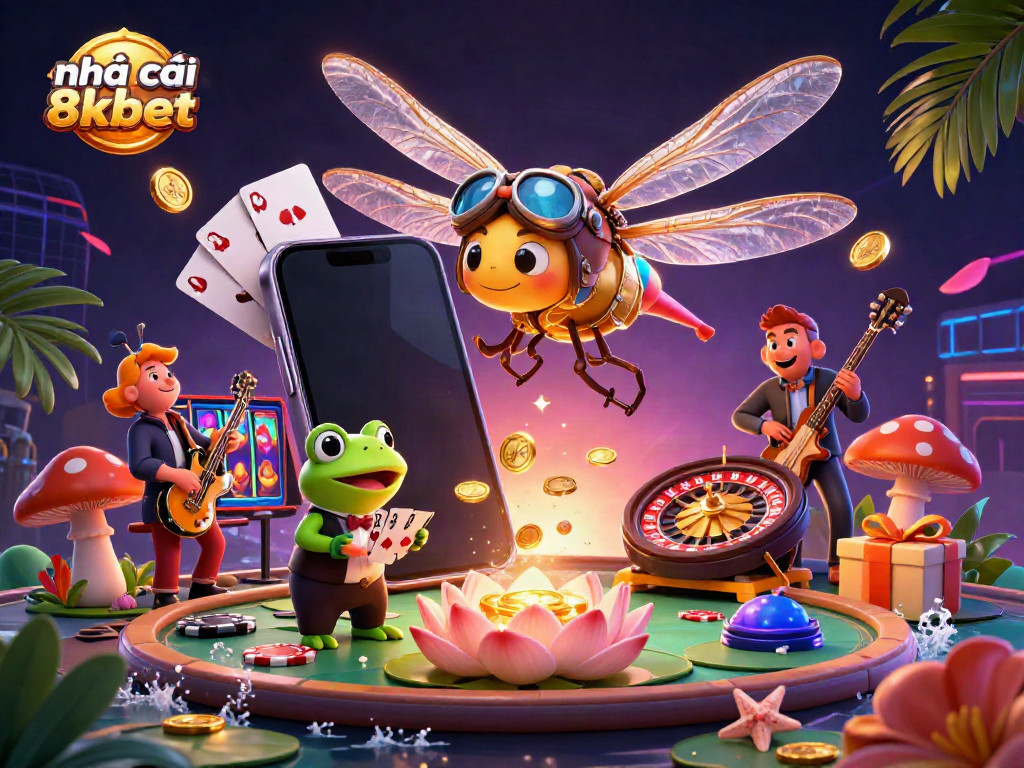 Experience the vibrant world of nhà cái 8xbet with a 3D dragonfly casino scene featuring a frog croupier.