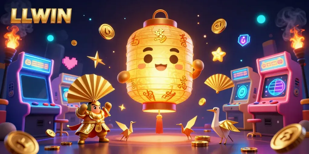 Experience the vibrant LLWIN gaming universe with animated gold lantern spirits amidst dynamic arcade games.