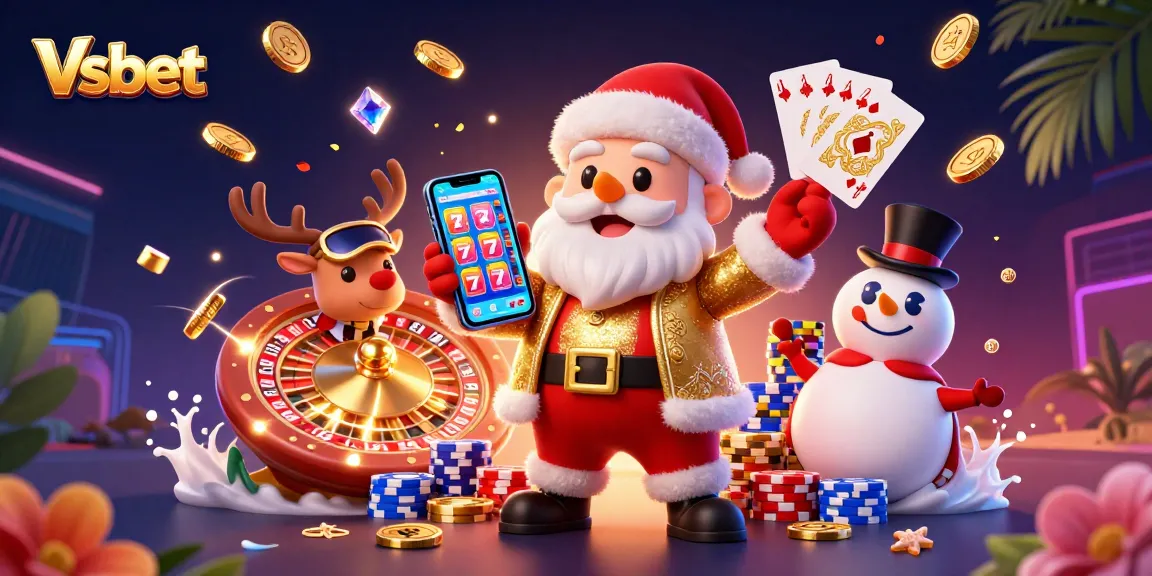 Experience fun with Vsbet in a lively 3D casino scene featuring jackpot slots and colorful game elements.