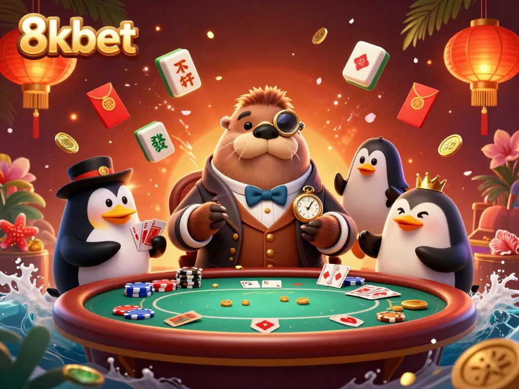 Join the thrilling world of 8kbet with a jolly walrus and friends at an underwater poker table.