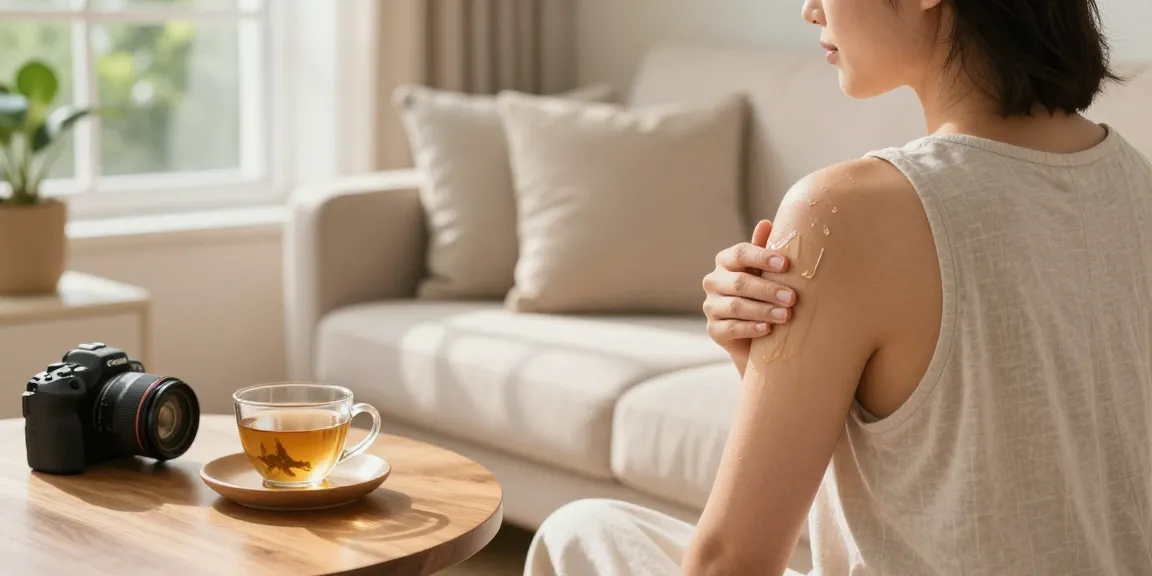 Applying CBD balm from www.cbdnorth.co/product/cbd-pain-cream-body-balm in a cozy home setting for pain relief.