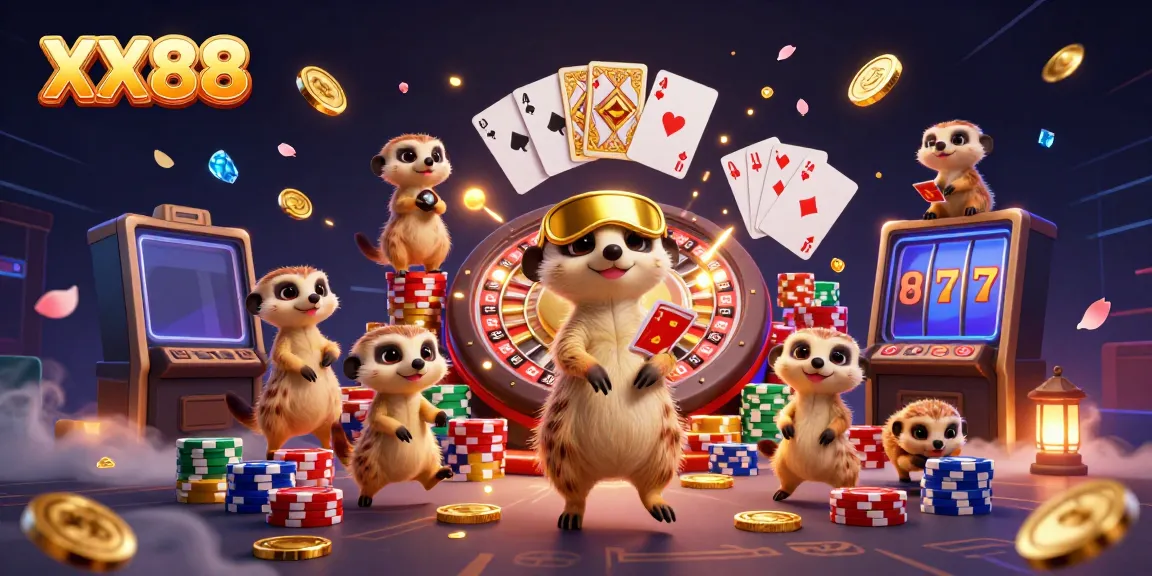 Experience the thrill of XX88 casino with animated meerkats amidst cascading coins and vibrant gaming elements