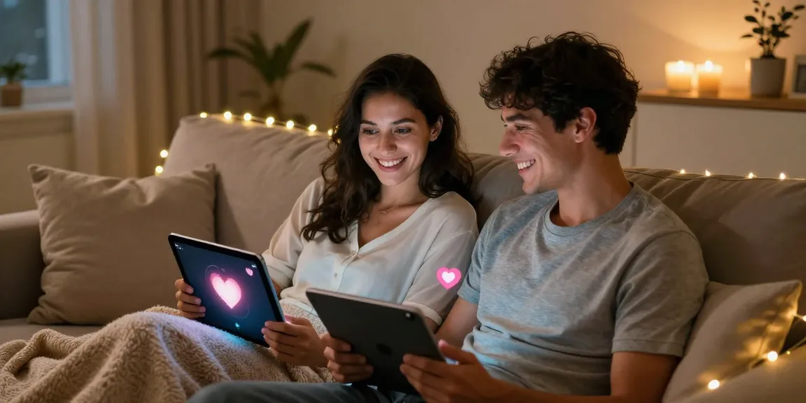 Couple using ai sex tech together on tablets in a cozy home setting.