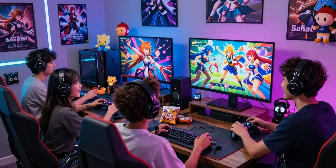 Group of friends enjoying an ecchi game online during a vibrant gaming session with animated characters and neon lighting.
