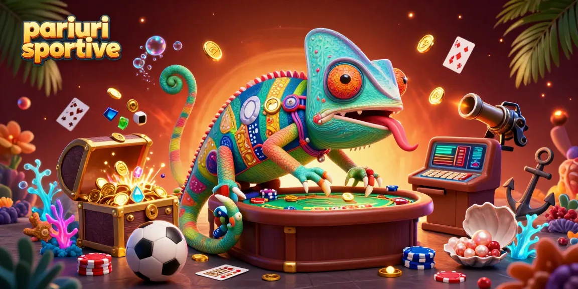 Pariuri sportive cu un chameleon uriaș, care adună monede de aur în vreme ce împrăștie simboluri de jocuri.