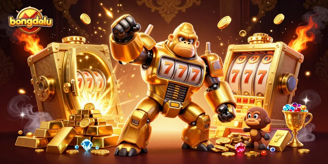 Bongdalu gaming illustration featuring a golden gorilla mech amidst spinning slot reels and treasure.