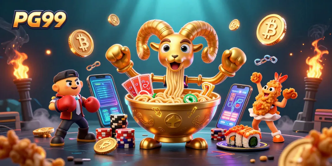 Engage in exciting gameplay at PG99 with our vibrant casino atmosphere featuring golden ramen bowl characters.