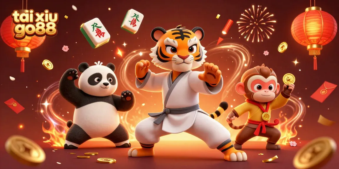 Tai xiu go88 features a kung fu tiger, panda, and monkey in a vibrant casino atmosphere.