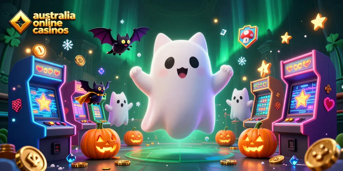 Explore dynamic action in australia online casinos with cartoon ghost cat, vampire bat, and glowing poker pumpkins.