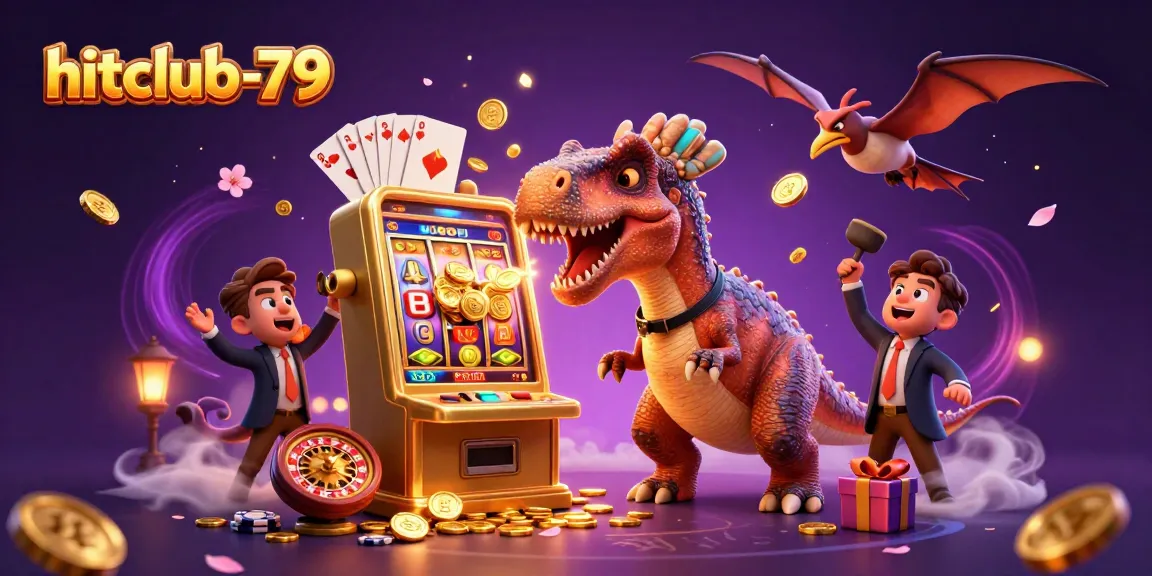 Hitclub-79 showcases a pachycephalosaurus winning jackpot coins at a casino scene, full of vibrant action.