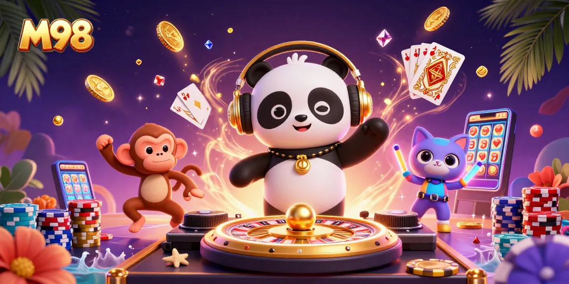 M98 casino scene featuring DJ panda and monkey dancing while coins and poker chips fly around.